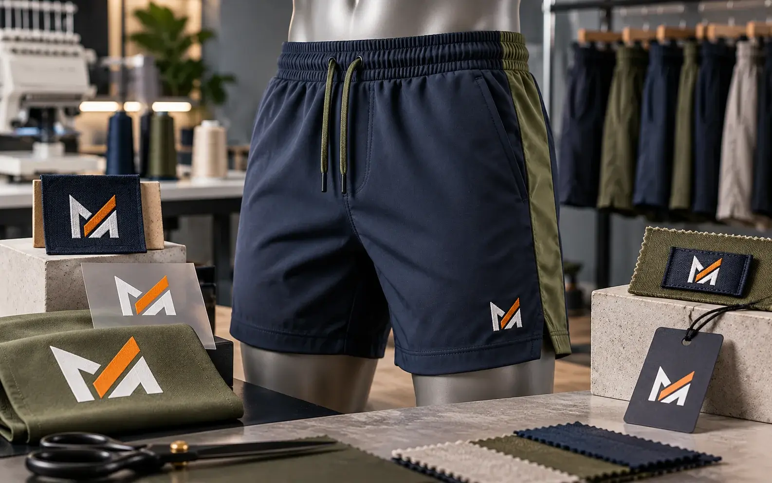 Custom navy blue and olive green athletic shorts displayed on a silver mannequin, featuring the Mega Apparel logo alongside embroidery patches, heat transfer samples, woven labels, branded hang tags, and fabric swatches in a professional apparel studio.
